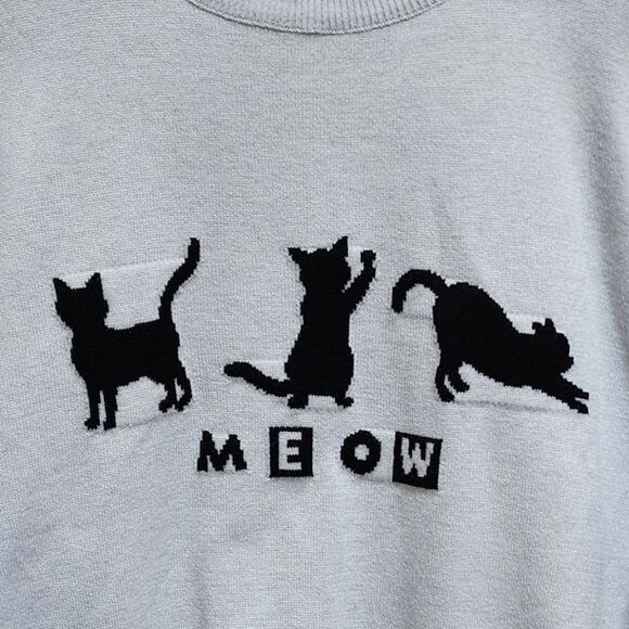 Cat Sweater Womens Sz S M Knit Gray Black Meow Spell Out Crop Stretchy Long Slv - Picture 3 of 10